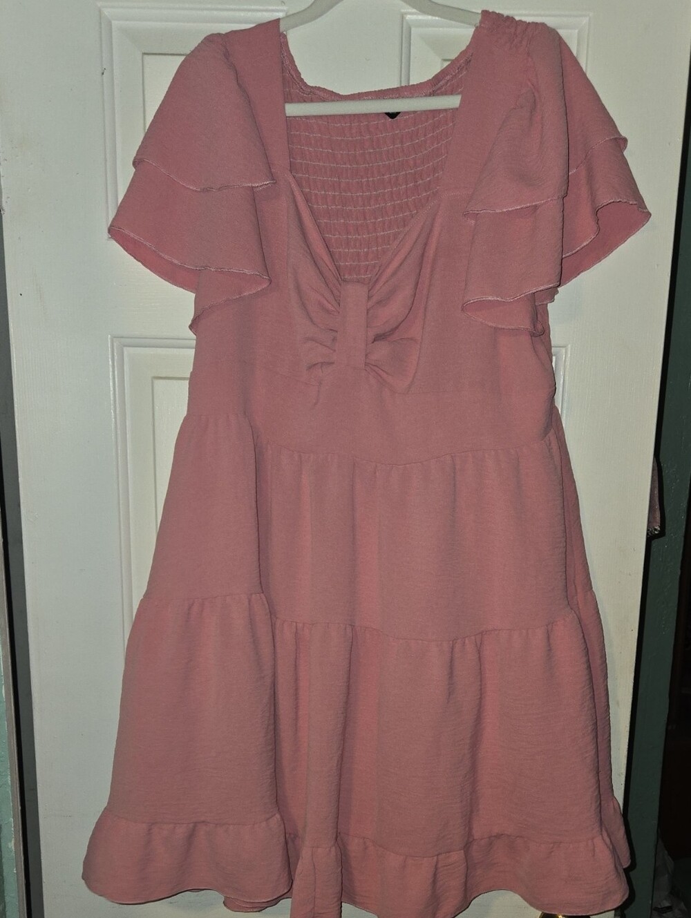 Smocked Back Pink Ruffle Tiered Mini Dress